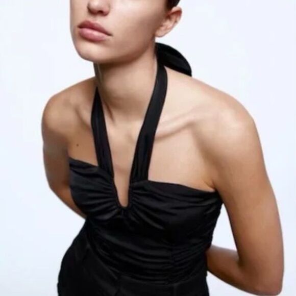 ZARA Women’s Medium Black Halter Ruching Bodysuit Tank Top One Piece - Picture 1 of 11
